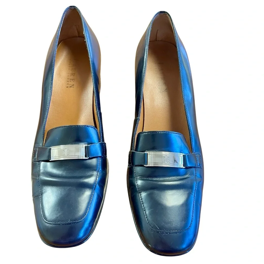 LAUREN Ralph Lauren Black Loafers 9.5 Y2K 90s Block Heel Old Money‎ Preppy Club